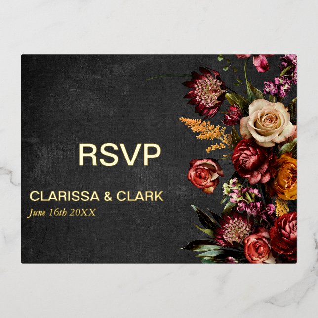 De Vacances En Aluminium Dark Moody Bold Flower Wedding Carte Postale RSVP (Recto)