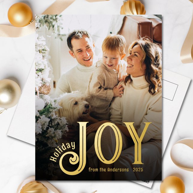 De Vacances En Aluminium Elegant Gold Foil Joy Photo Holiday Carte postale (Holiday Joy Gold Foil Postcard)