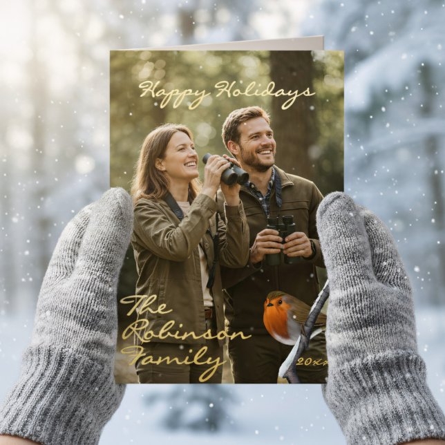 De Vacances En Aluminium Robin Bird Happy Holidays Photo Foil Carte pliée (Real foil holiday card with space for your photo and greeting)