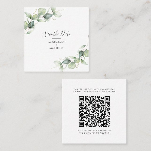 De Visite Carré Eucalyptus Botanical QR Code Enregistrer la carte  (Devant / Derrière)