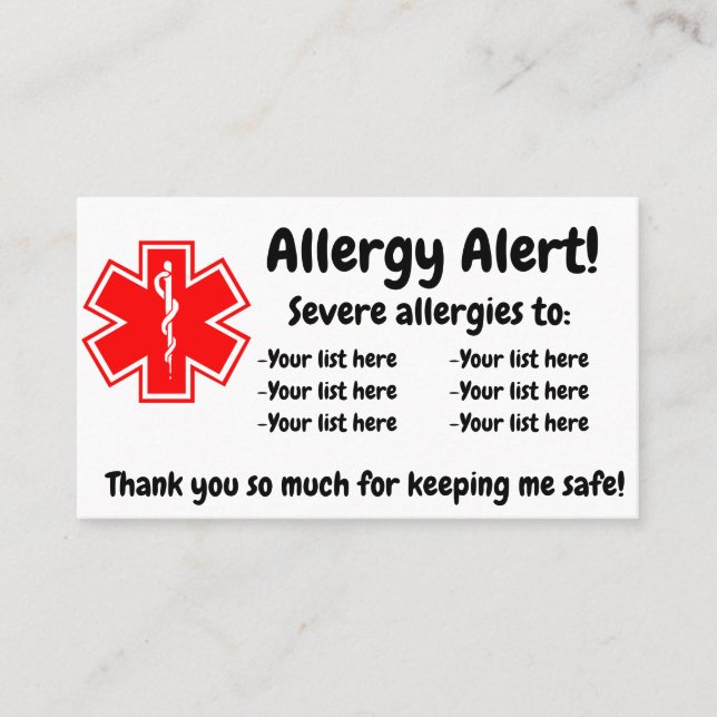De Visite Carte à manger d'alerte d'allergie - En anglais et (Devant)