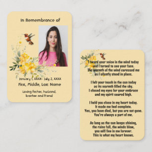 De Visite Carte à poche Memorial Colibri Roses Jaunes