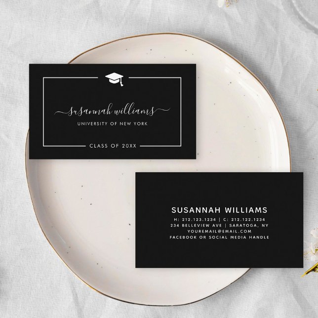 De Visite Carte à puce (Two elegant black business cards on a white plate. One card has a graduation cap icon, cursive text)