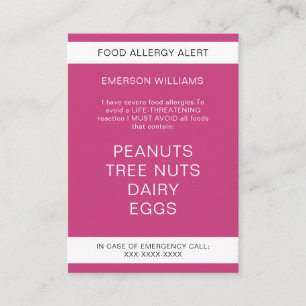 De Visite Carte Chef personnalisée Alerte d'allergie aliment