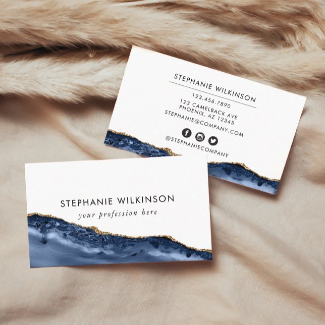De Visite Carte d'affaires Blue Agate & Gold Border Watercol (Blue Agate & Gold Border Watercolor Business Card)