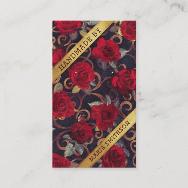 De Visite Carte d'affichage Red Roses Gold Damask QR Code (Devant)