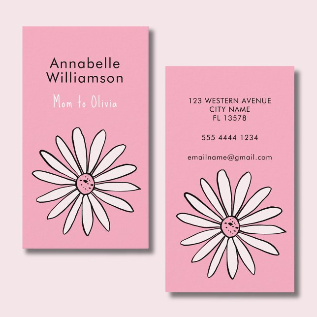 De Visite Carte d'appel Pink Daisy maman (Mommy calling card with cute daisy & pink background. Perfect for playdates & parent networking.)