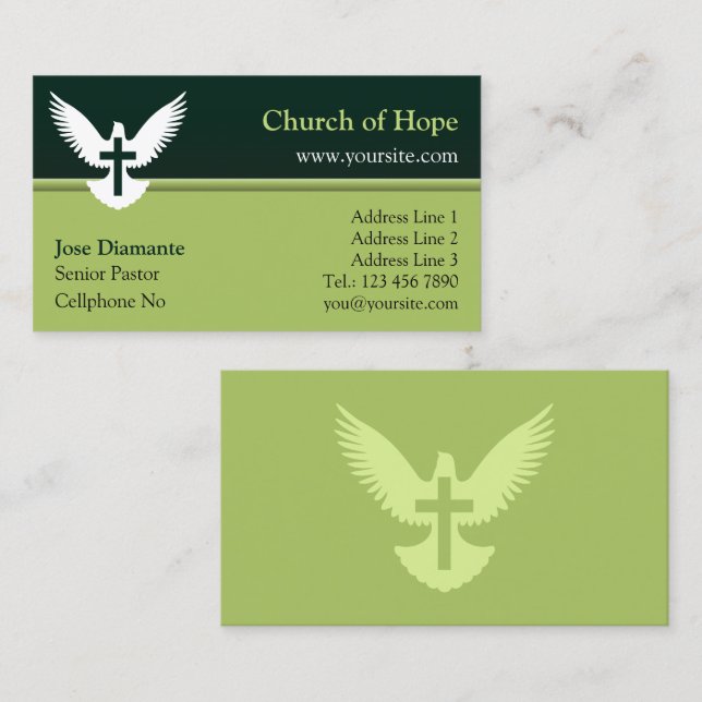 De Visite Carte d'église verte Dove with Cross Forest (Devant / Derrière)