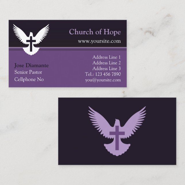 De Visite Carte église Dove avec croix foncé violet (Devant / Derrière)