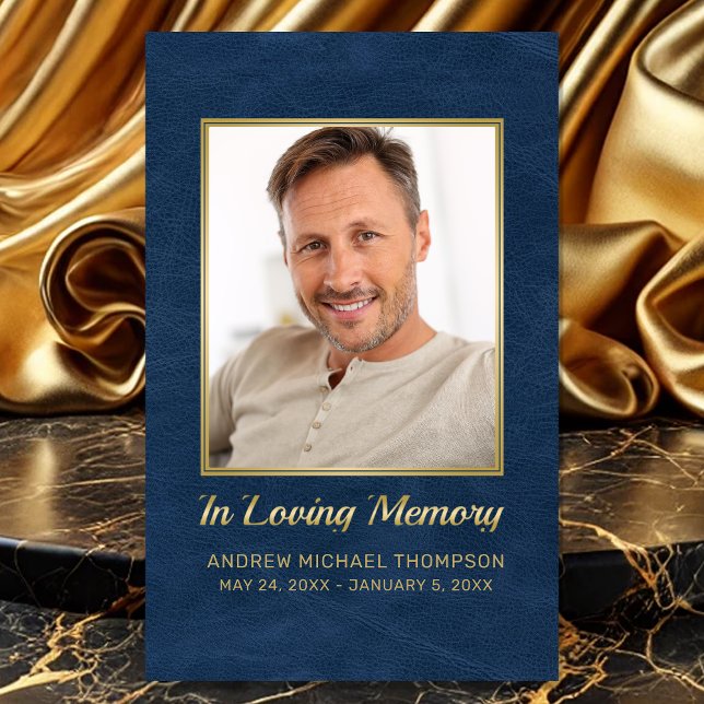 De Visite Carte funéraire en Mémoire d'amour Bleu Or Photo (Sympathy Blue Faux Leather In Loving Memory Funeral Card with Custom Poem or Prayer)