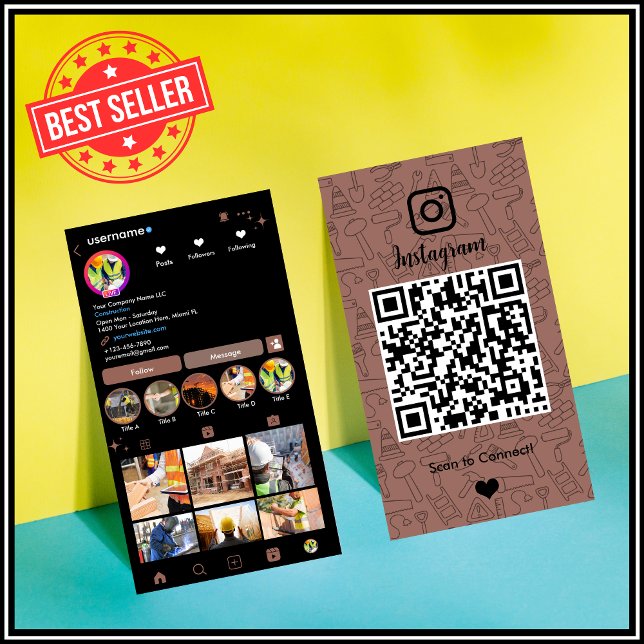 De Visite Carte Instagram QR Construction Brun Résistant (Créateur téléchargé)