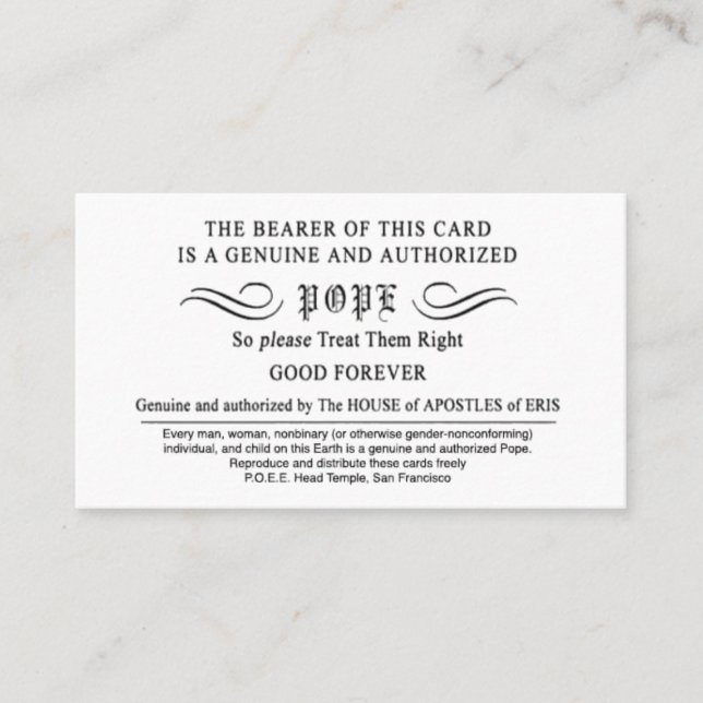 De Visite Carte Pope Erisian Discordian POEE (Devant)