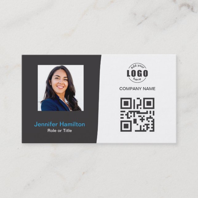 De Visite Carte QRCode professionnelle photo gris bleu (Devant)
