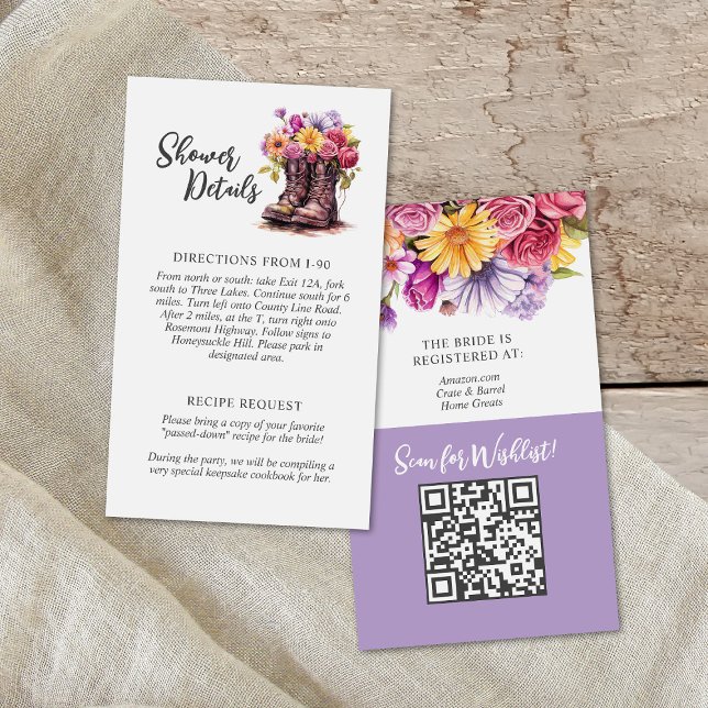 De Visite Carte Rustic Floral Boot Fête des mariées Détails (Créateur téléchargé)