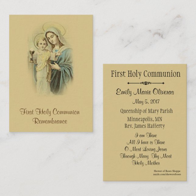De Visite Carte Sainte Catholique pour la Première Communion (Devant / Derrière)