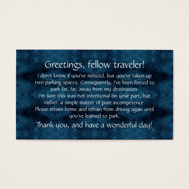 De Visite Cartes à laisser sur les pare-brise des autres. (Devant)