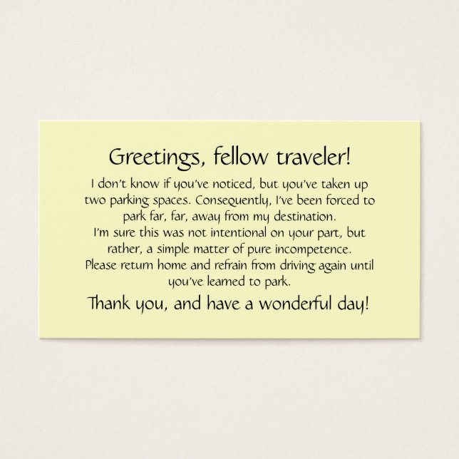 De Visite Cartes à laisser sur les pare-brise des autres. (Devant)