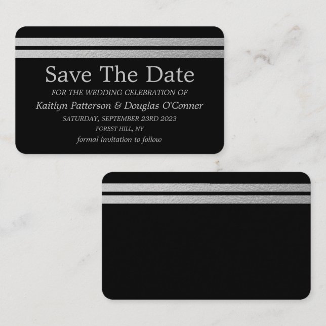 De Visite Chic Silver Foil Stripes Enregistrer La Carte Date (Devant / Derrière)
