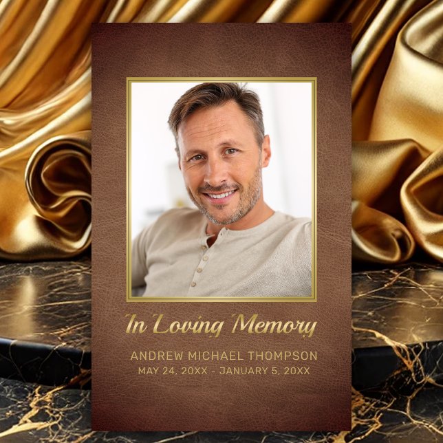 De Visite En Mémoire d'amour Brown Gold Photo carte funérair (In Loving Memory Faux Brown Leather Photo Funeral Card with Poem for men)