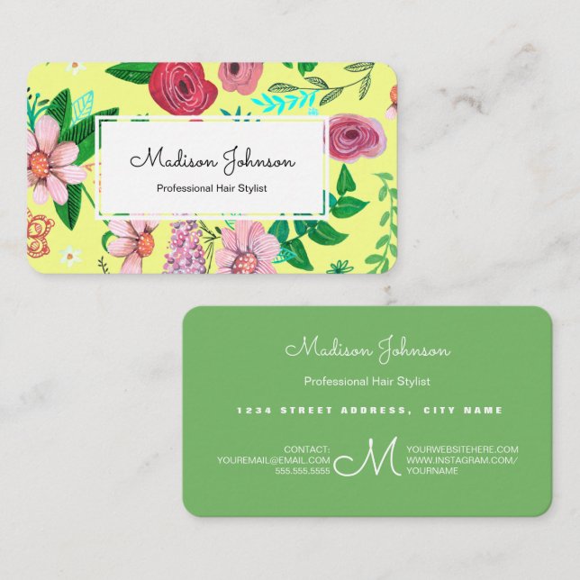 De Visite Fleurs florales | Monogramme personnalisé | CARTE  (Devant / Derrière)