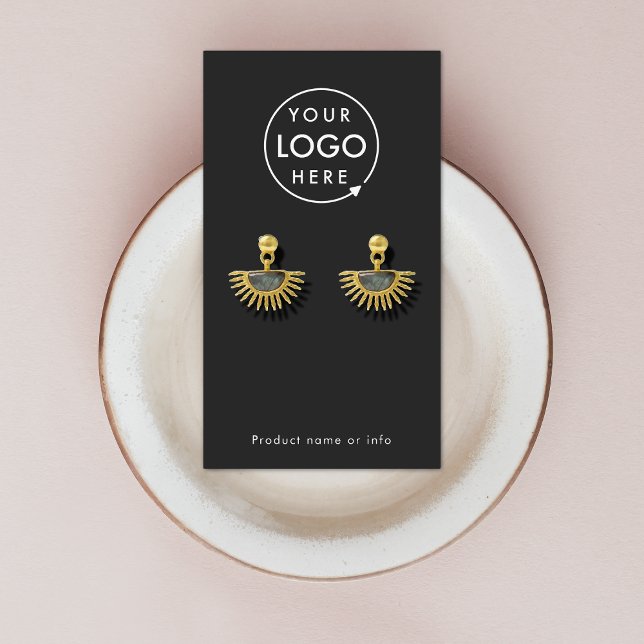 De Visite Logo Black Jewelery Écouter la carte (Modern sleek black earring display card by Guava - clean, stylish, and customizable)