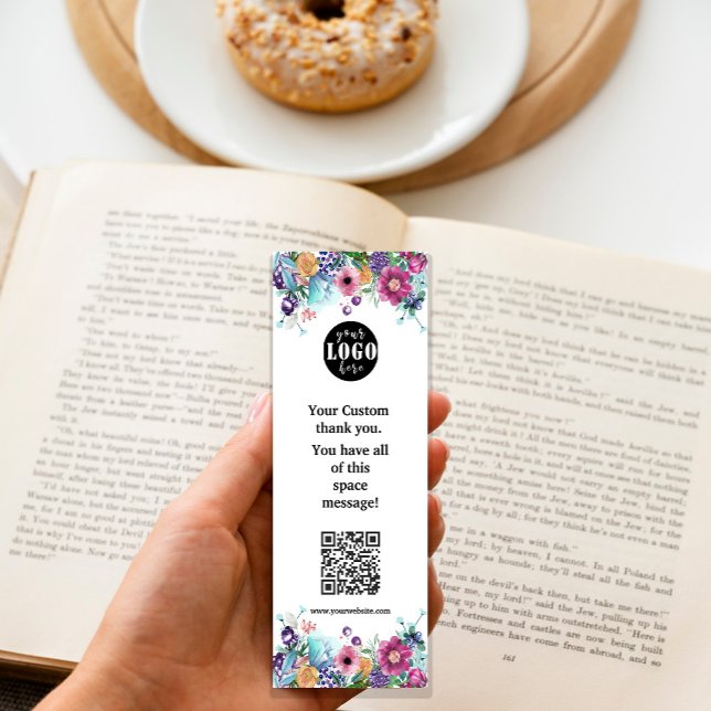 De Visite Mini Carte Signet Berry Sweet Blueberry & Flowers (Berry Sweet Blueberry & Flowers #floralbookmark #flowersbookmark #qrcode #addlogo #pinkandturquoise)