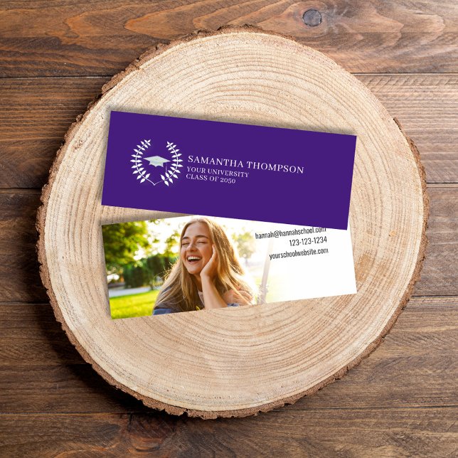 De Visite Mini Nom du diplômé Carte Photo Elegant Classique Viole (A classic traditional laurel leaves, and mortarboard. With photo template.  )
