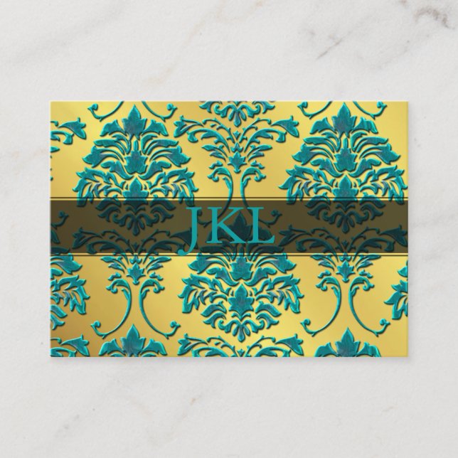 De Visite Monogramme turquoise sur la carte damask chubby en (Devant)
