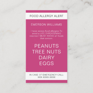 De Visite Pink Food Allergy Alert Carte Chef personnalisée
