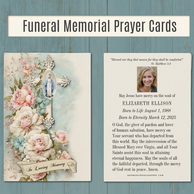 De Visite Prière funéraire Vierge Marie Cartes (Catholic Funeral Memorial Prayer Cards with the Blessed Virgin Mary and vintage flowers. )