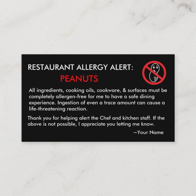 De Visite Restaurant et carte ICE pour les allergies aux ara (Devant)