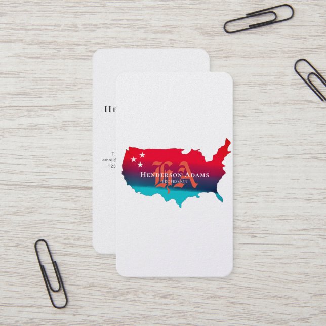 De Visite USA Carte Bleu Rouge Rubans Étoiles Monogramme Ver (Devant/Arrière en situation)