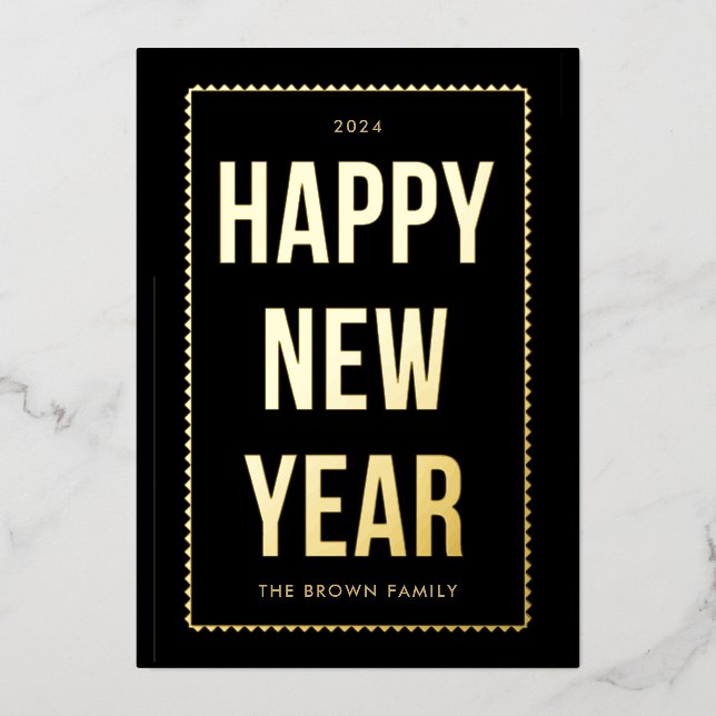 De Vœux En Aluminium Carte photo du Nouvel An Golden Happy sur Noir (Recto)