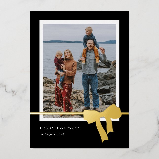 De Vœux En Aluminium Carte photo simple dorée avec nœud audacieux (Recto)