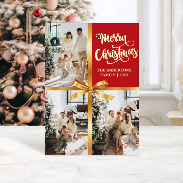 De Vœux En Aluminium Élégant Carte photo Red Merry Christmas Gold Bow (Créateur téléchargé)