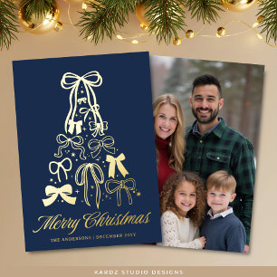 De Vœux En Aluminium Family Bows Tree Blue Christmas Gold Carte