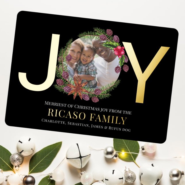 De Vœux En Aluminium Joyeux Noël Joie Carte photo Wreath (Real foil holiday cards. Joy photo template Christmas flat card from Ricaso. Add your own text )
