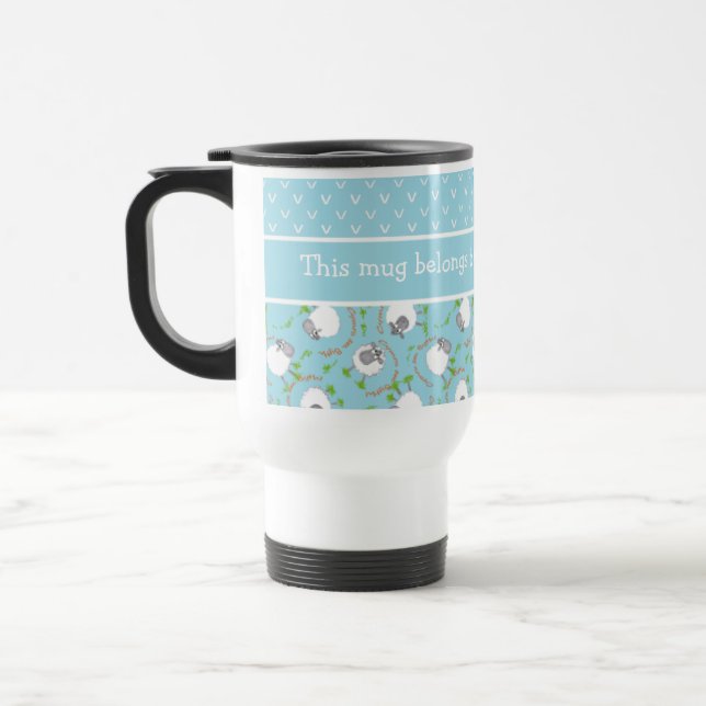 De Voyage Chic Custom Travel Mug : Bleu, Fun Sheep Motifs (Gauche)