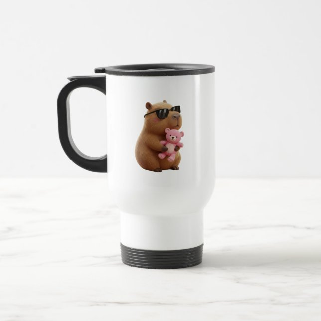 De Voyage Cool Chill Capybara Hugging Teddy Bear Travel Mug (Gauche)
