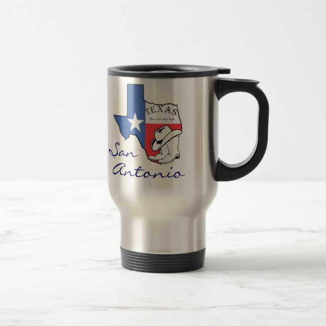 De Voyage San Antonio Texas State Map, Étoile, Bottes, Mug C (Droit)