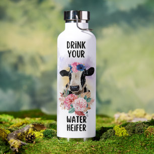 D'eau  Aquarelle florale et vache amusante & bouteille d