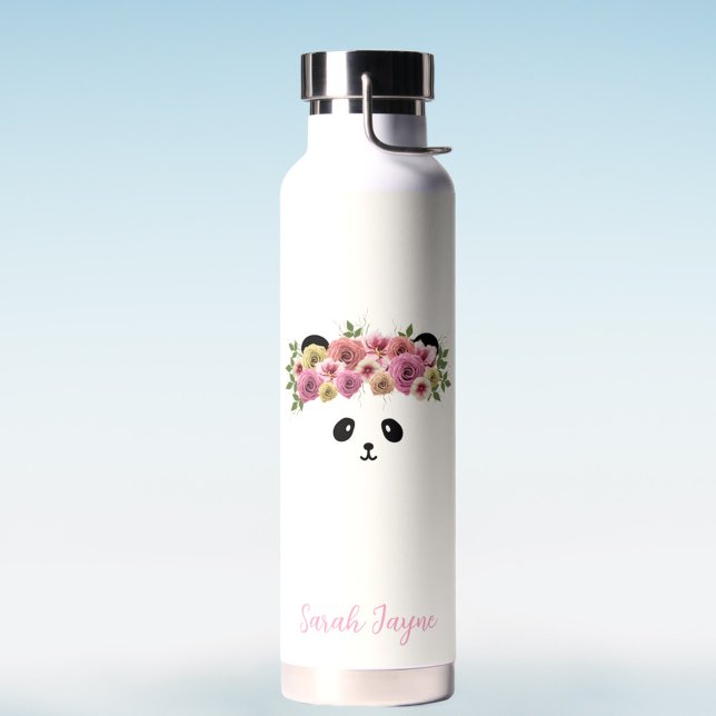 D'eau Floral Panda Bear Girl Nom personnalisé Bouteille  (Pretty White panda water bottle with space for your name)