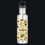 D'eau Nom personnalisé Monogramme Bouteille de tournesol<br><div class="desc">Nom personnalisable et bouteille d'eau monogramme avec une empreinte de tournesols de jardin peints,  peigne de miel,  abeilles,  couleurs jaune et vert.</div>