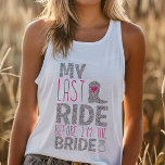 Débardeur Bachelorette de la mariée à dernier tour<br><div class="desc">Dégagez pour la dernière balade de la mariée avec ce débardeur de soirée bachelorette amusant et flirtant ! "Dernier Ride Before She's a Bride" est le slogan parfait pour une soirée folle ou une escapade de week-end. Ce char confortable et élégant est idéal pour toute soirée de bachelorette, d'une nuit...</div>