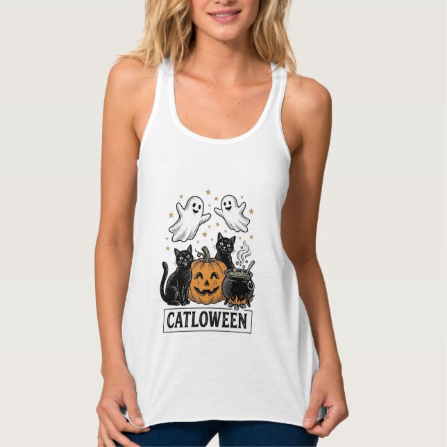 Débardeur Chatloween Chat Fantôme Vintage Design de Chemise  (Devant)