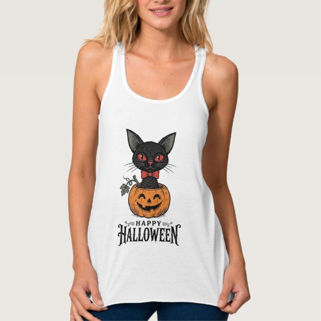 Débardeur Conception de chemise de citrouille de chat noir H (Devant)