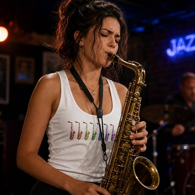 Débardeur Conception de ligne de saxophones colorés (A tank top with a rainbow line up of alto saxophones.)