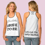 Débardeur Fête De Bachelorette Mariée Noire Et Blanc À Être<br><div class="desc">Cette mariée personnalisée pour être le débardeur présente un texte noir en gras et tendance des deux côtés. Un top de qualité noir et blanc qui se démarque de la foule. Un excellent tee pour votre bachelorette ou douche nuptiale. Pour modifier ou supprimer le texte, cliquez sur le bouton Personnaliser....</div>