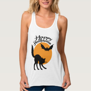 Débardeur Halloween chat noir et chauve-souris avec lune, ha