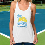 Débardeur Pickleball Tropical Palm Tree Sun Votre texte pers<br><div class="desc">Un tee-shirt de pickleball amusant avec un "soleil" de pickleball encadré par un palmier tropical et des vagues bleues de l'océan. Ajoutez votre texte personnalisé ci-dessous - nom du club, date/lieu du week-end de pickleball, nom du tournoi, nom du joueur, etc. Fait un cadeau parfait pour n'importe quel joueur de...</div>